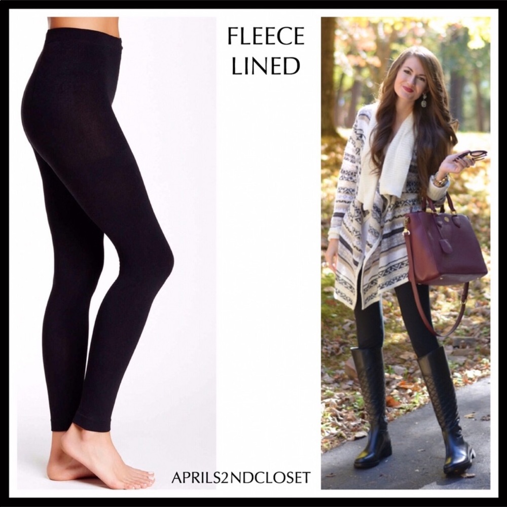 BLACK FLEECE LINED FOOTLESS LEGGINGS TIGHTS - Picture 9 of 13